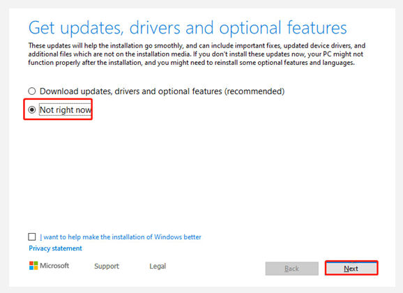 select Not right now in Windows 10 Setup