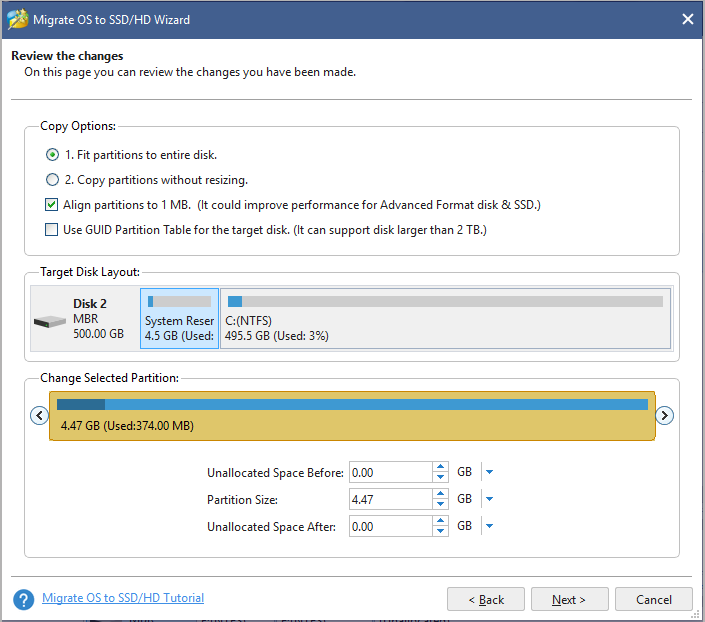 review changes and select copy option in MiniTool