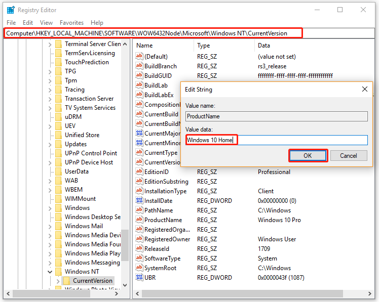 change value data of ProductName under the WOW6432Node directory