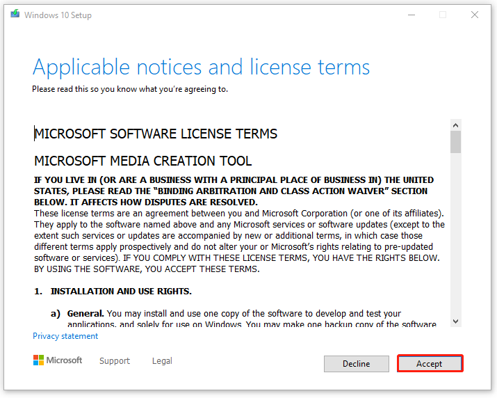 click Accept in Windows 10 Setup screen