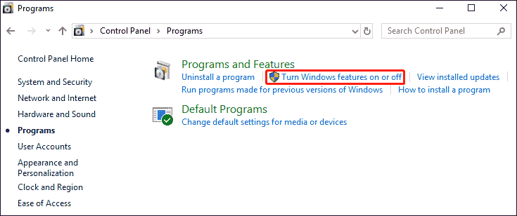 click the Turn Windows features on or off