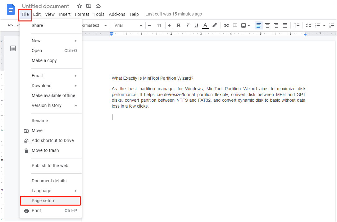 click File to select Page setup