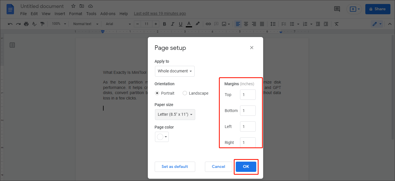 enter your desired margins and click OK