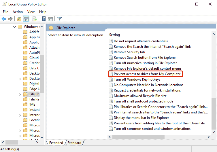 double click Prevent access to drives from My Computer