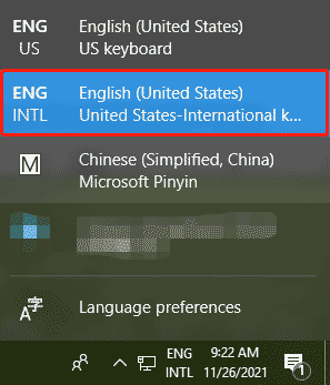 choose the English (United States)-International keyboard