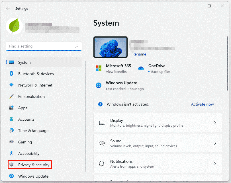choose Settings from Privacy & security