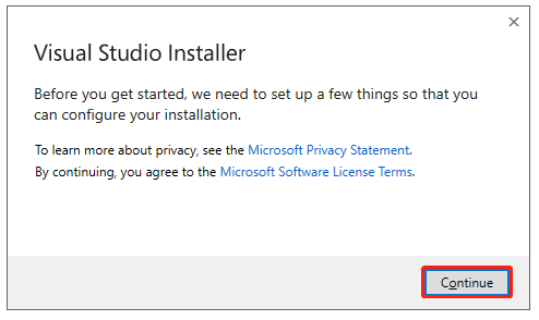 click Continue in Visual Studio Installer
