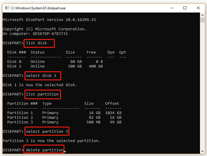 delete partition using Diskpart in Windows 10