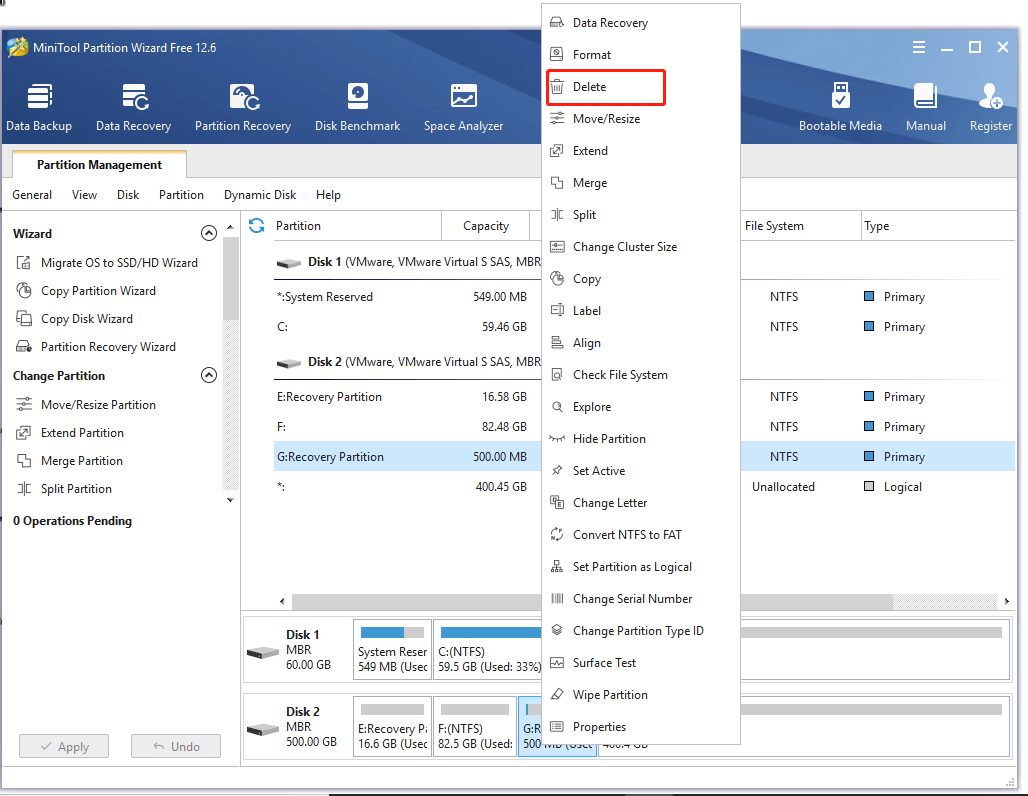 delete partition using the MiniTool software