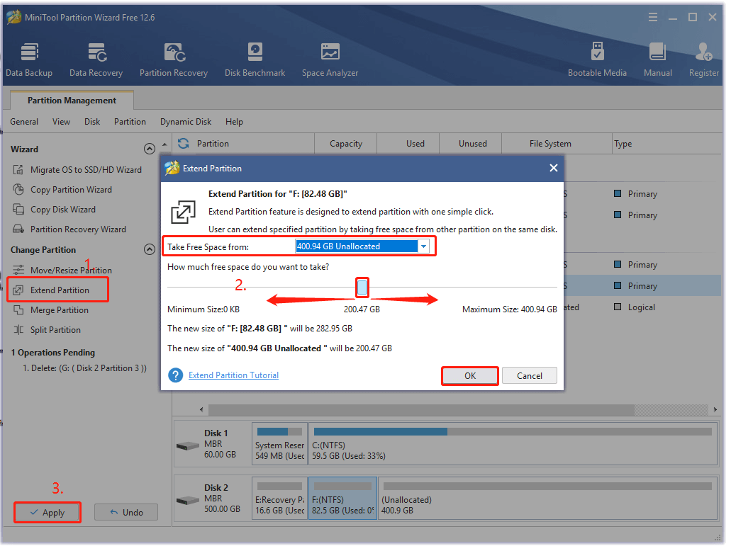 extend partition using the MiniTool software