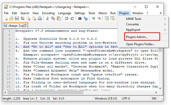 select Plugins Admin in Notepad