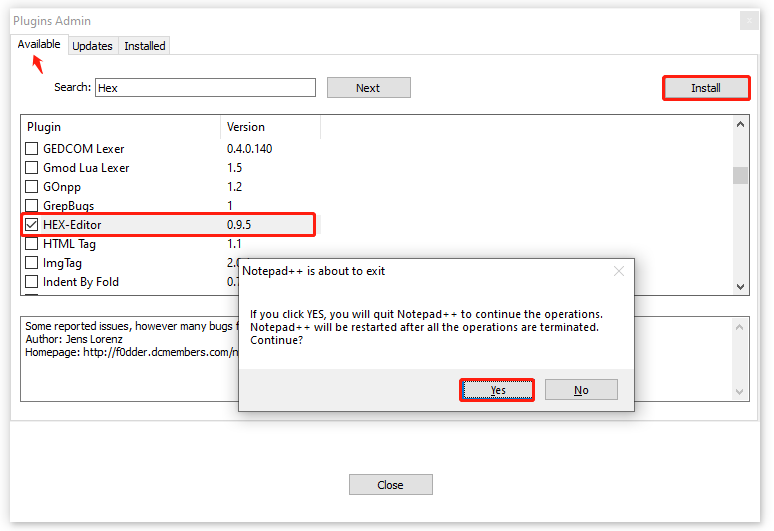 install Hex Editor in Plugin Admin window