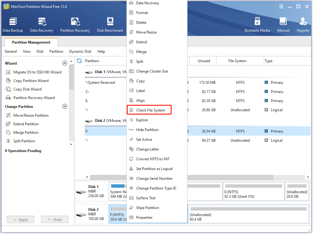 click on the check file system option