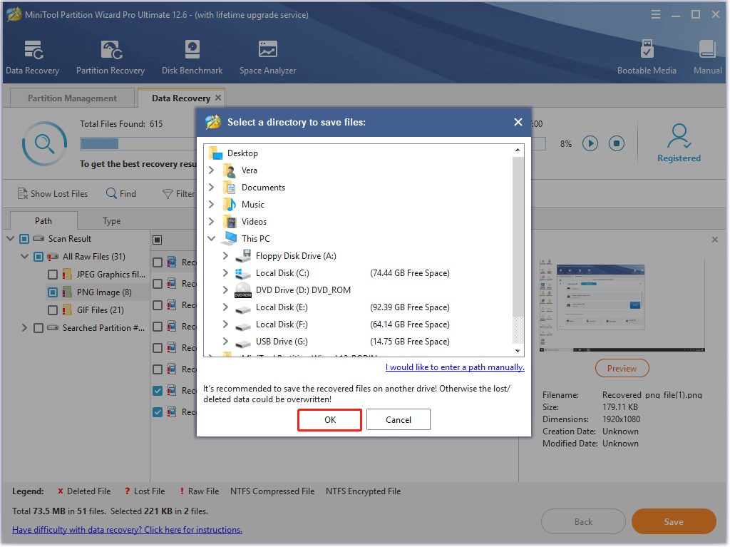 choose a directory for the recovered data