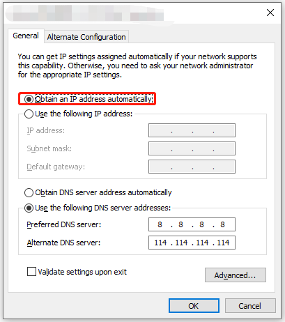 choose Obtain DNS server address automatically