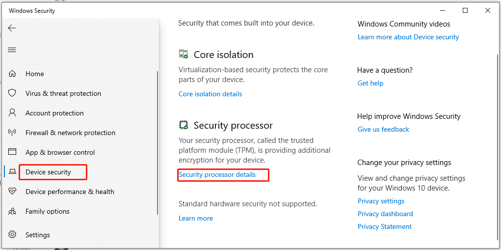 click on Security processor details