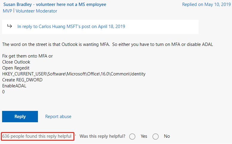 a user report from the answer Microsoft forum