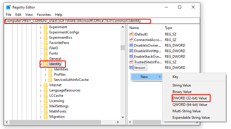 create EnableADAL DWORD under Identity folder