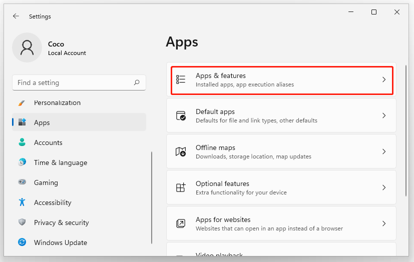 select Apps and Features in Windows 11 settings