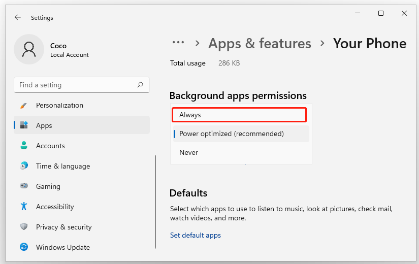allow Your Phone app to run in the background Windows 11