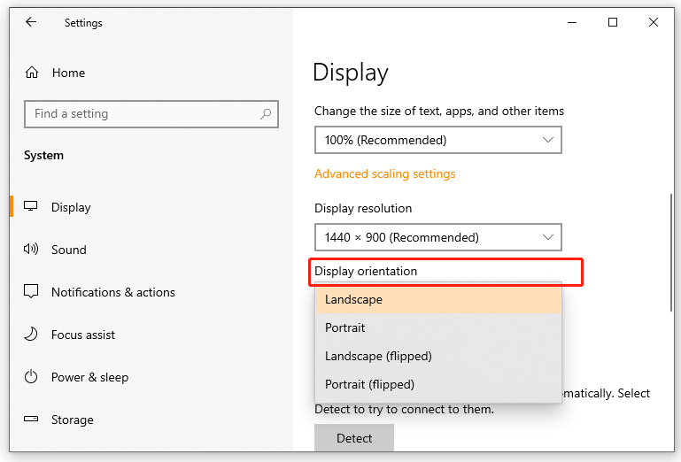 change the Display orientation in Settings