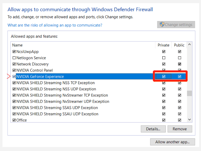 Allow NVidia GeForce Experience through Windows Defender Firewall