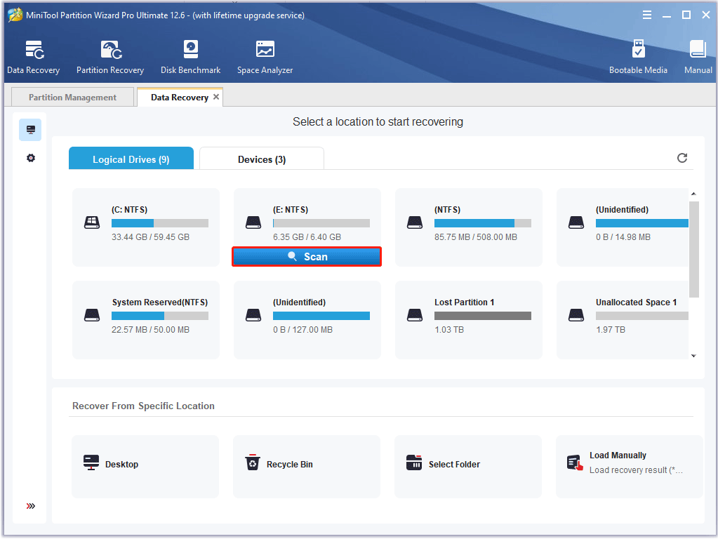 select drive E: and click Scan