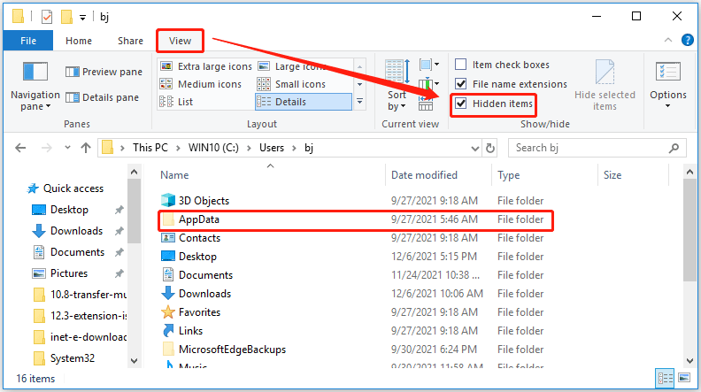 the AppData folder appears
