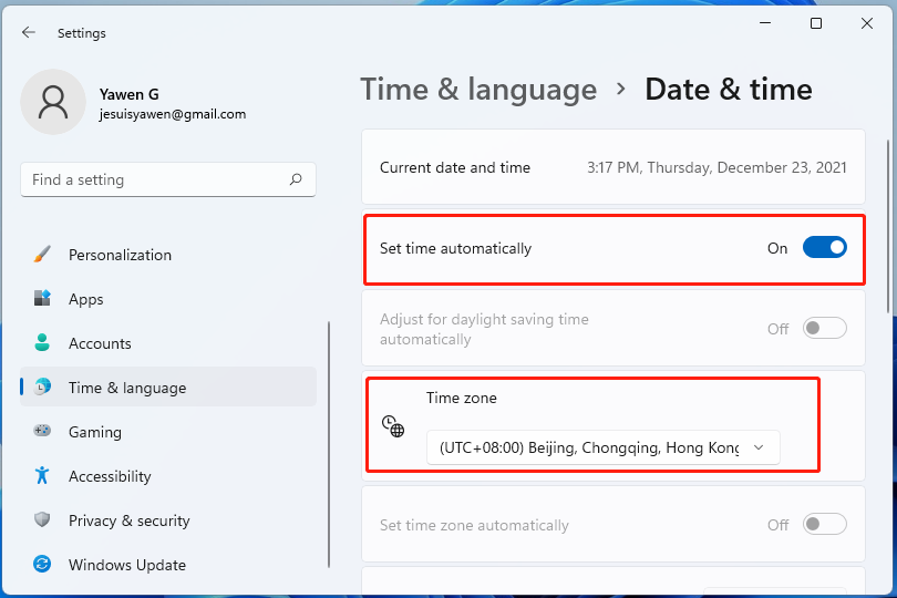 Set time automatically in Windows 11