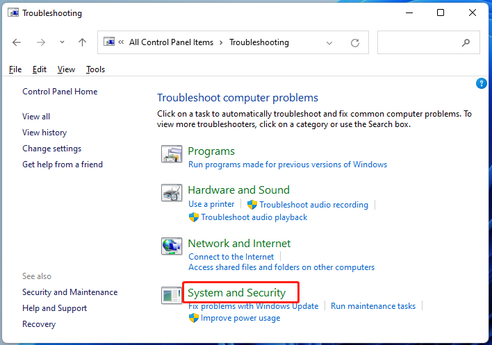select System and Security in troubleshooting