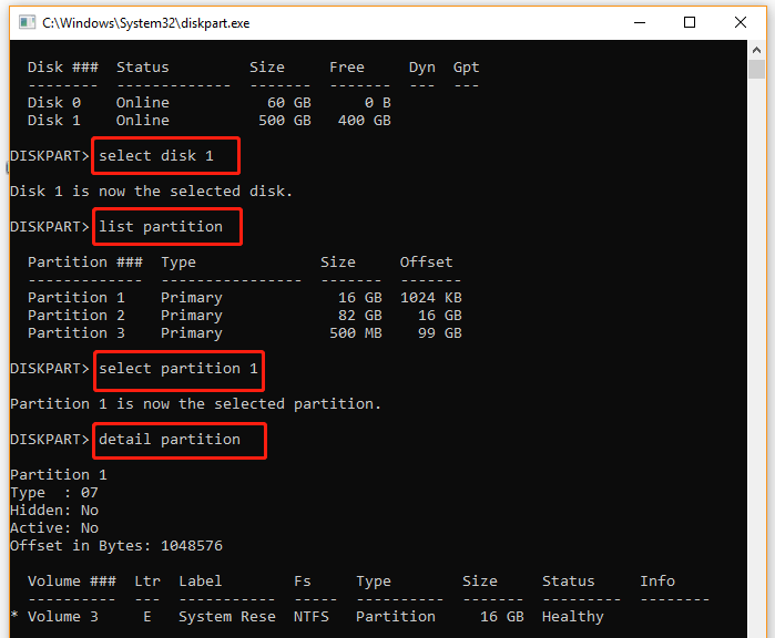 show detailed information of the partition using diskpart