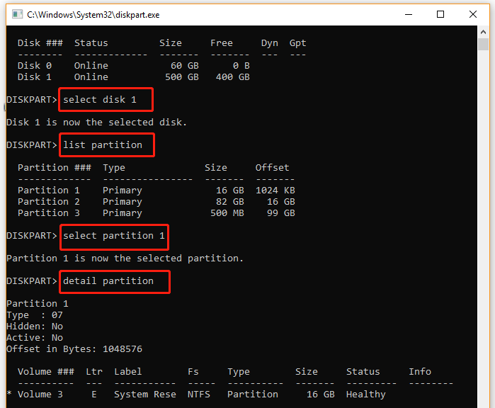 change drive letter of system reserved partition show detailed information of the partition using diskpart