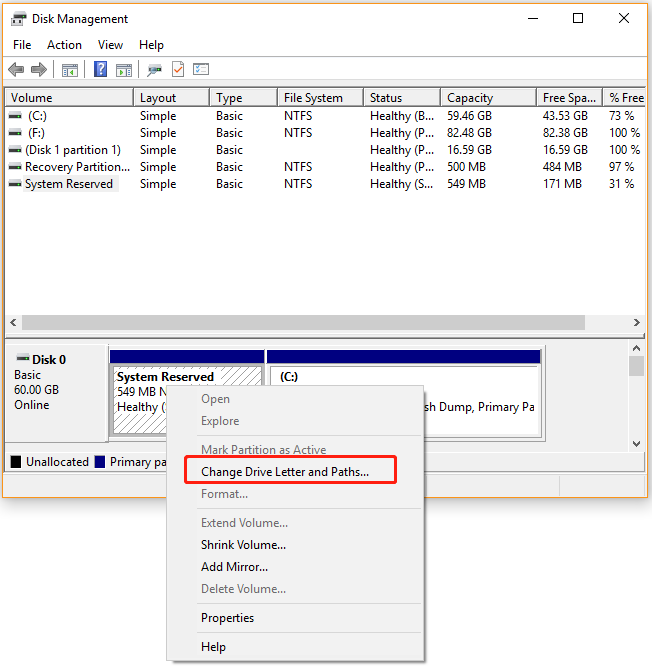 change drive letter of system reserved partition select Change drive letter and paths