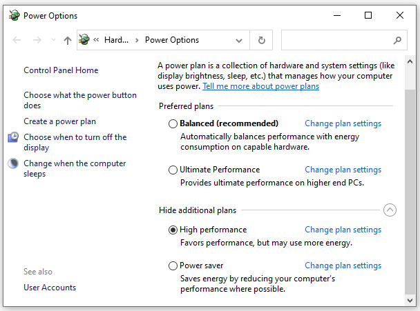 select High performance in power options