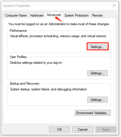 click Settings under Performance
