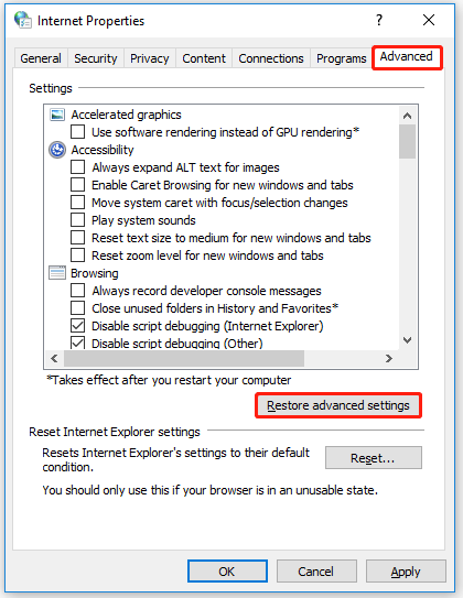 click the Restore advanced settings option