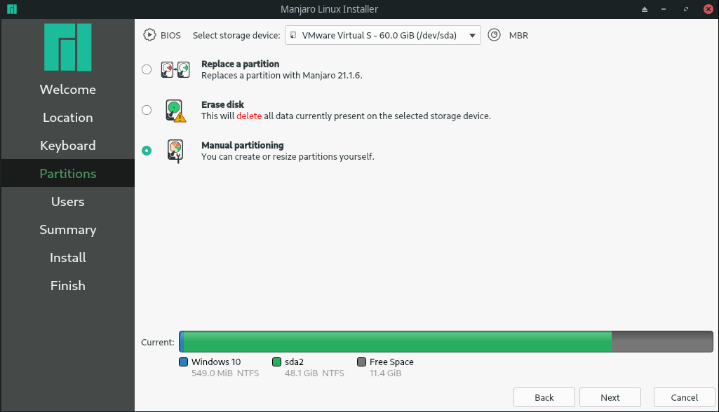 select Manual partitioning
