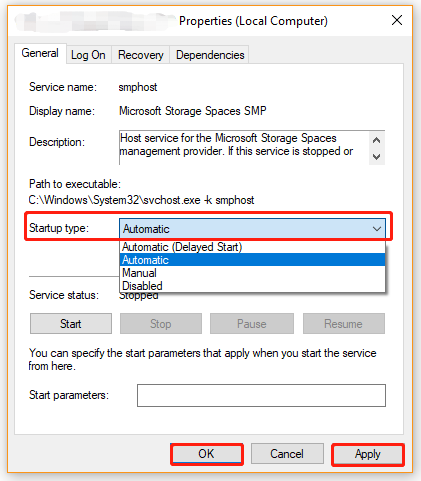 change startup type to automatic