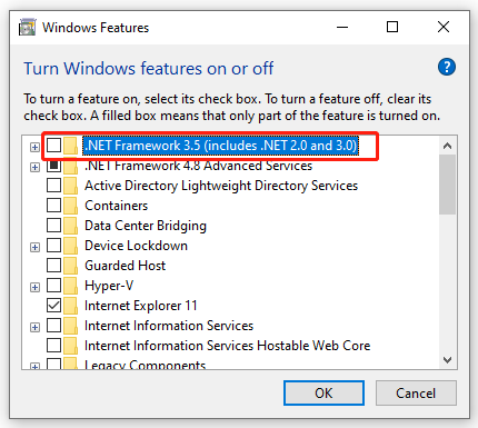 Net framework 3.5 in Windows Features