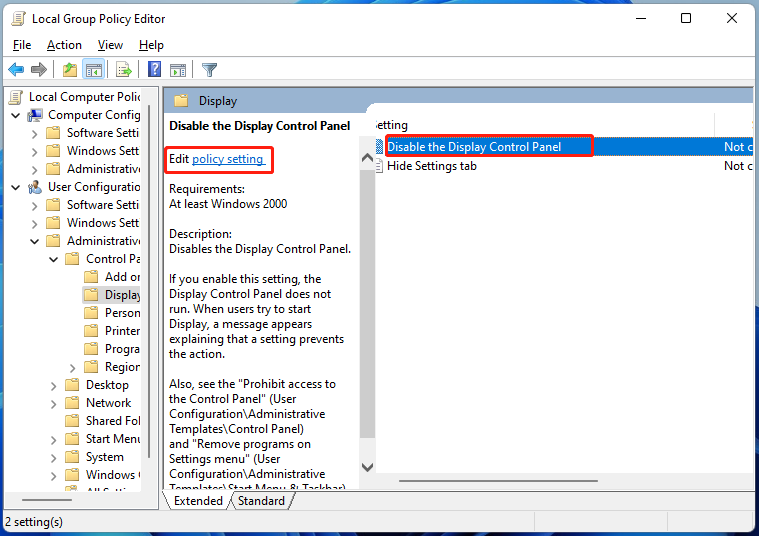 click edit policy setting