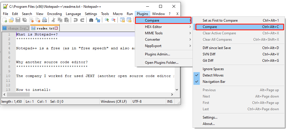 how to find difference between two text files in notepad