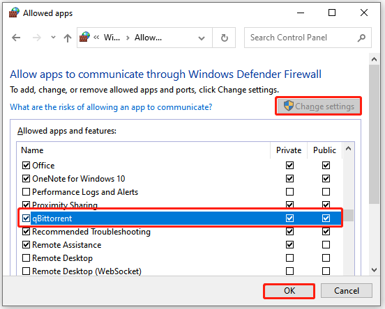 allow qBittorrent through Windows Defender Firewall