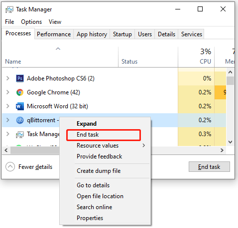 end the task of qBittorrent