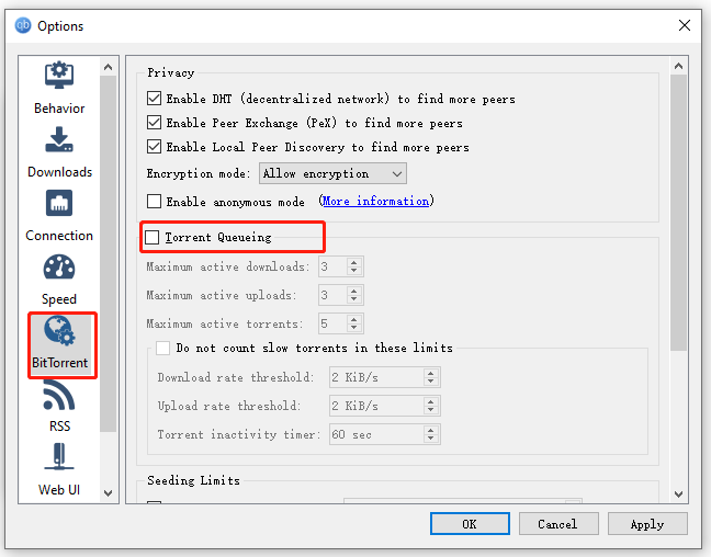 uncheck Torrent Queueing