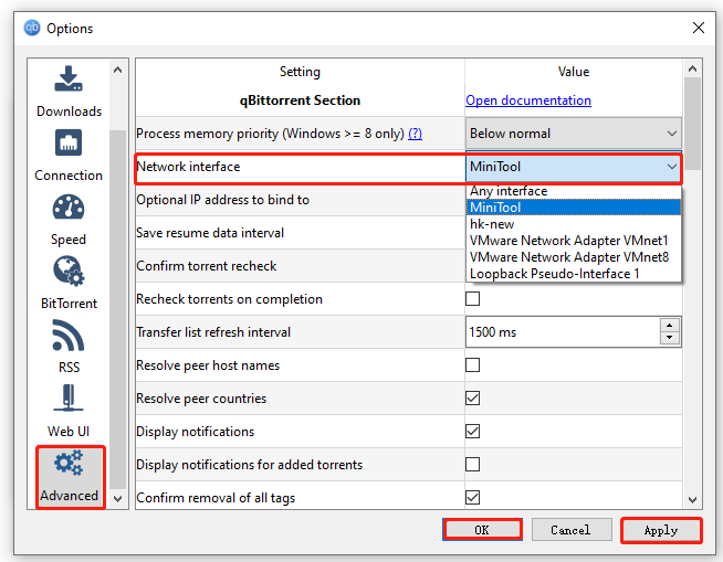 change network interface in qBittorrent