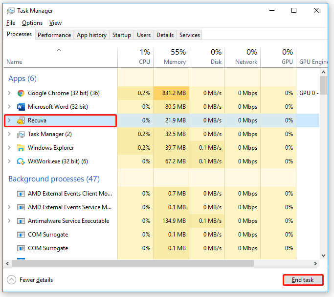click End task