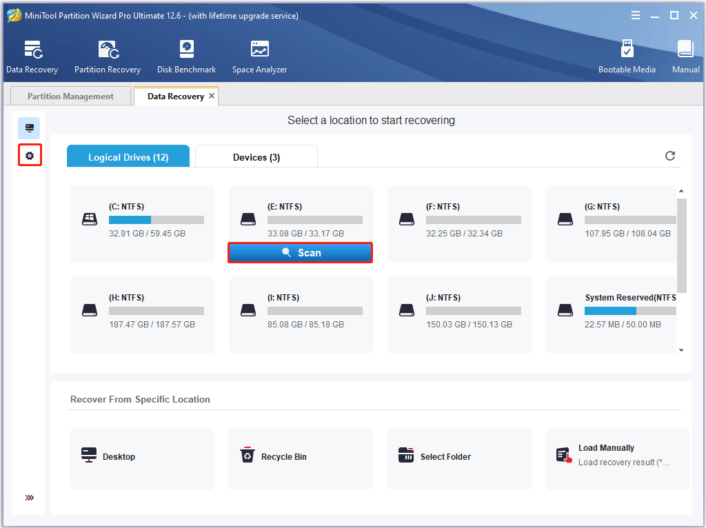 select drive E: and click Scan