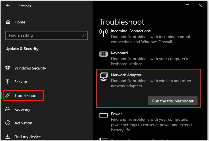 run the Network Adapter troubleshooter