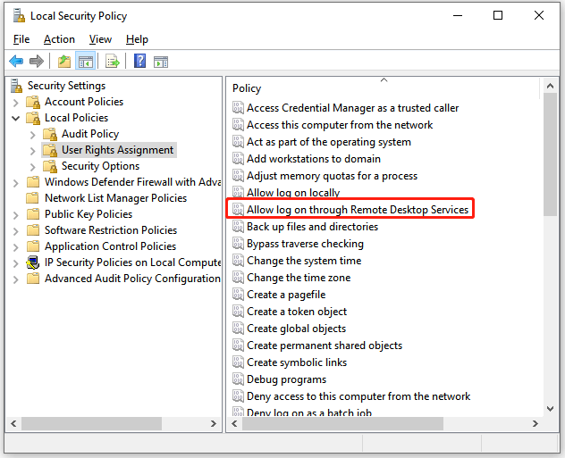 find Allow log on through Remote Desktop Services