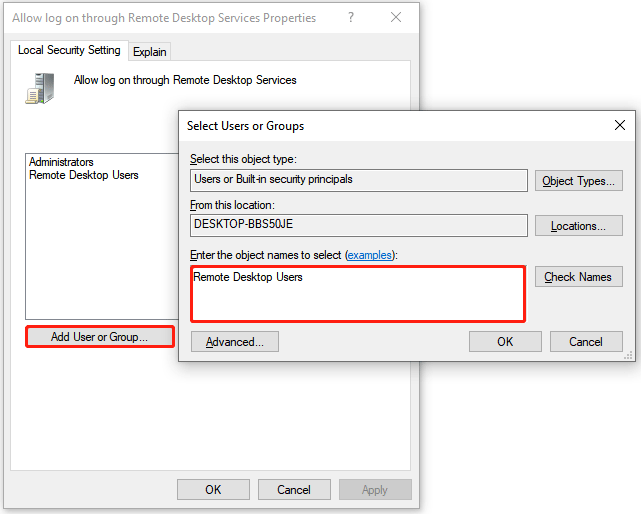 type in Remote Desktop Users